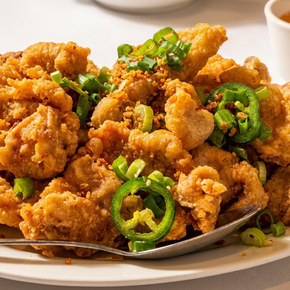 Crispy fried chicken pieces topped with green onions, garlic, and jalapeño slices on a white plate.