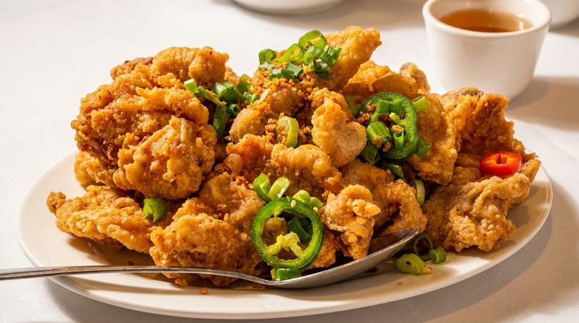 Crispy fried chicken pieces topped with green onions, garlic, and jalapeño slices on a white plate.