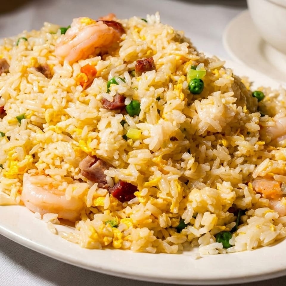 A large oval plate of shrimp fried rice with peas, carrots, and pork on a white tablecloth.