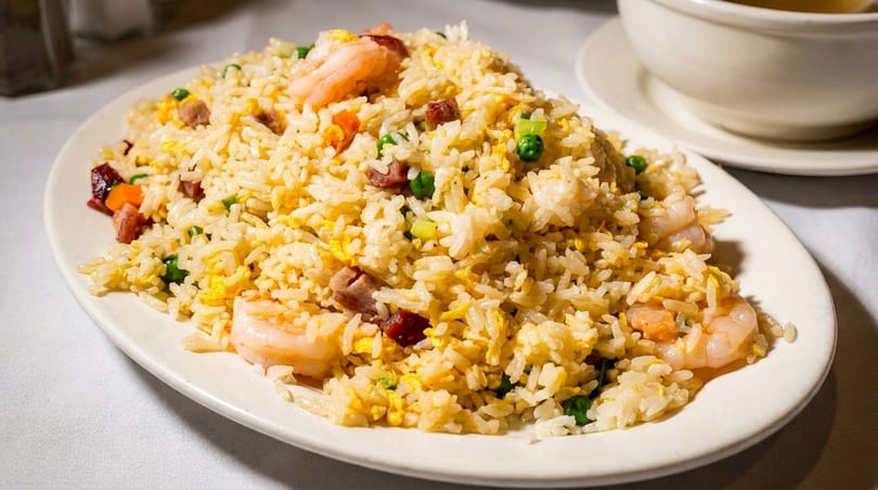 A large oval plate of shrimp fried rice with peas, carrots, and pork on a white tablecloth.