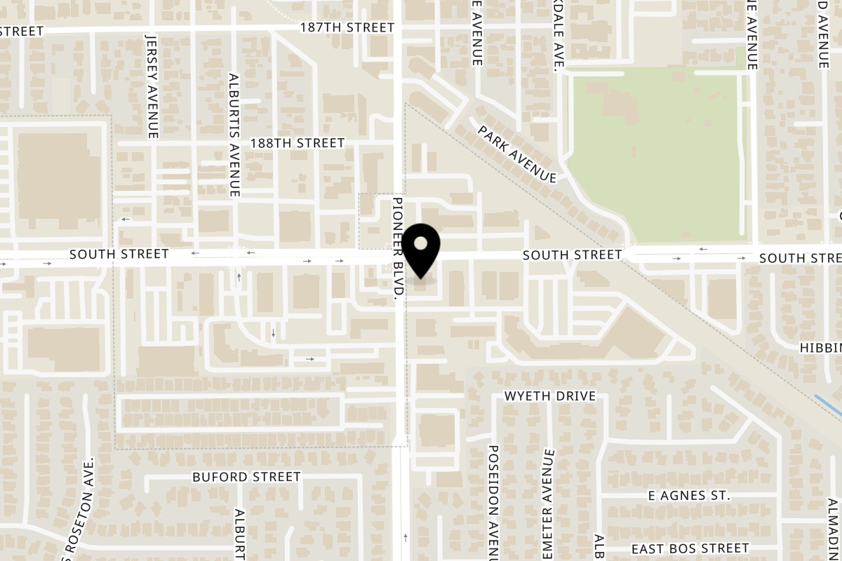 Map showing the location of Sam Woo Seafood and BBQ Cerritos on 19008 Pioneer Blvd in Cerritos